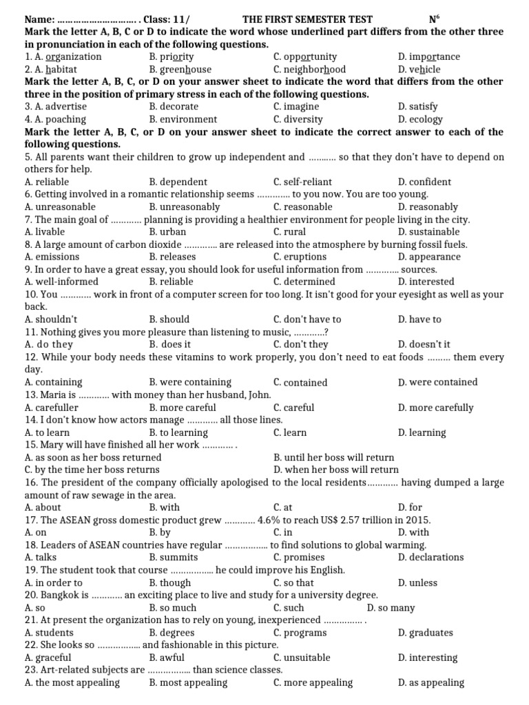 AE11 (2025-2026) The First Semester Test N6 | PDF