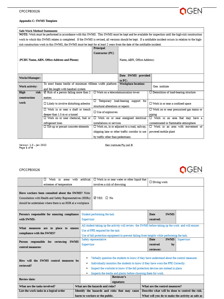 3026 Appendix C SWMS Task 1 | PDF | Personal Protective Equipment ...