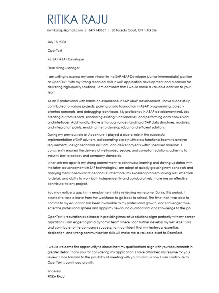 Ritika Raju-Cover Letter - OpenText | PDF