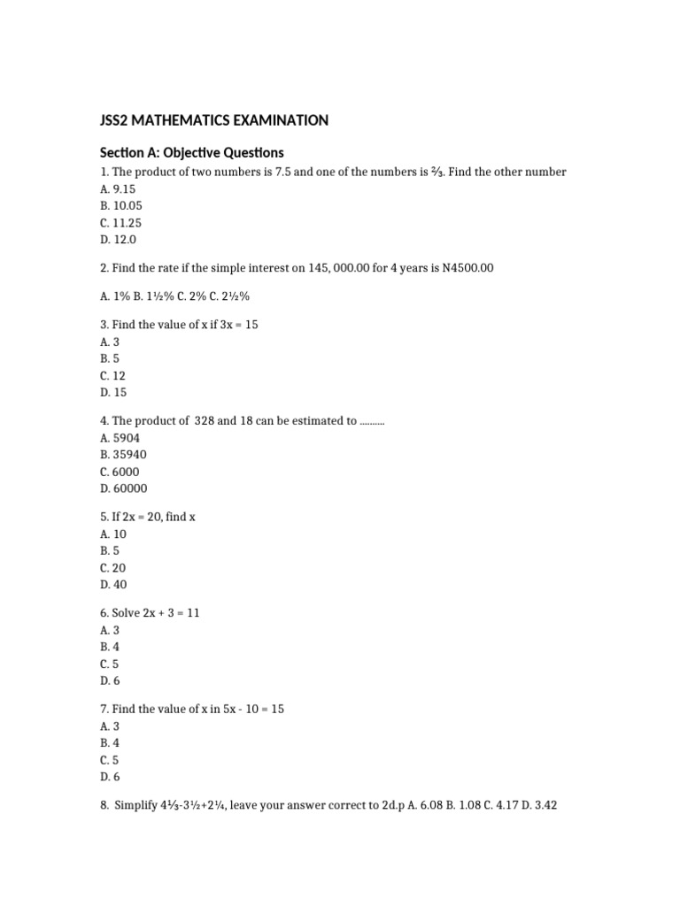 JSS2 Mathematics Exam | PDF