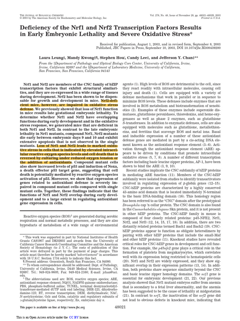 Deficiency of The Nrf1 and Nrf2 Transcription Factors Results in Early ...