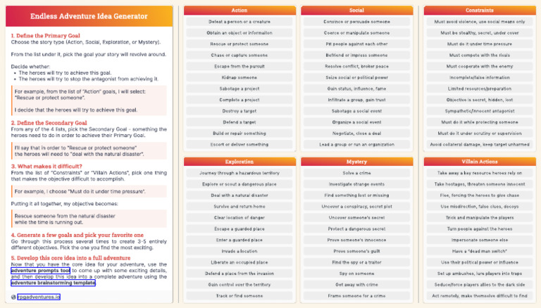 Endless Adventure Idea Generator | PDF