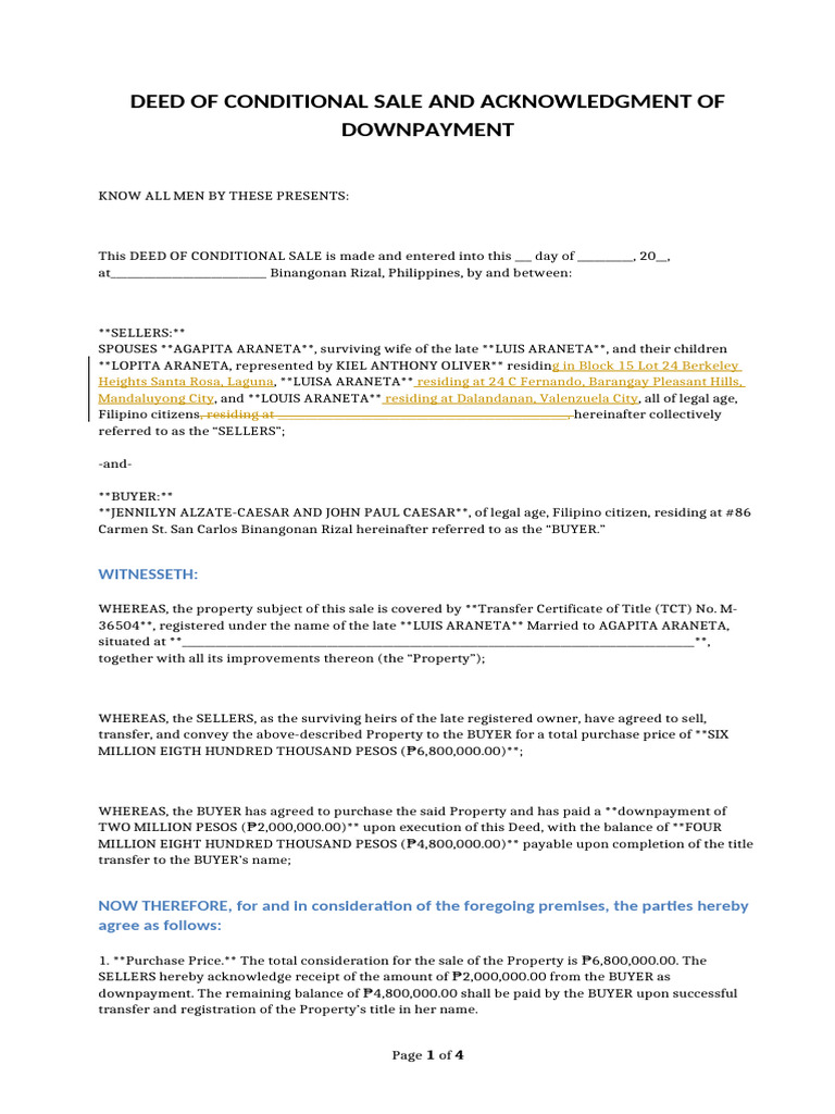 DRAFT Legal Deed of Conditional Sale Jennilyn Alzate | PDF