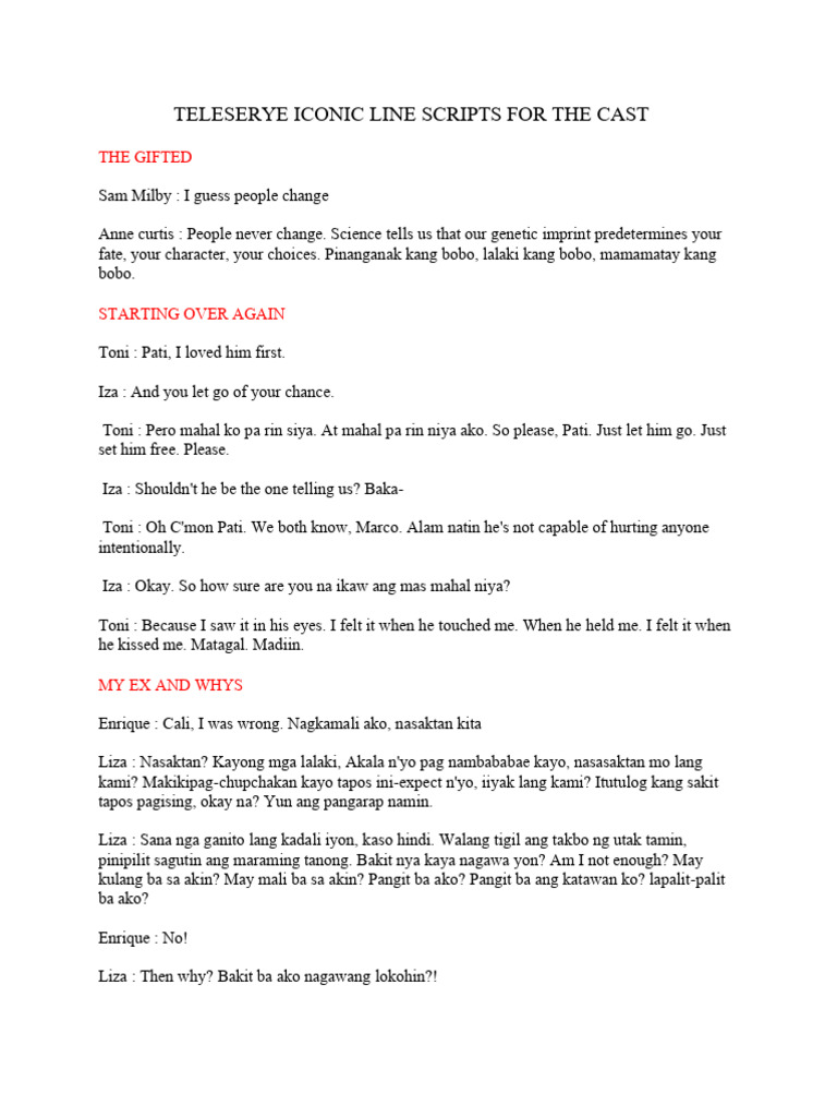 Teleserye Iconic Line Scripts For The Cast | PDF