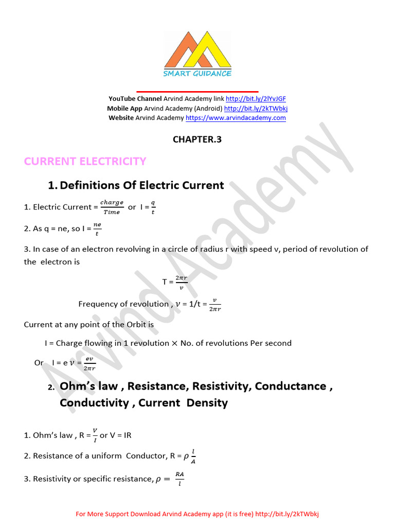 Chap 03 CURRENT ELECTRICITY (Formula Sheet) - C49iyb5fkdsvpyej0n1s | PDF
