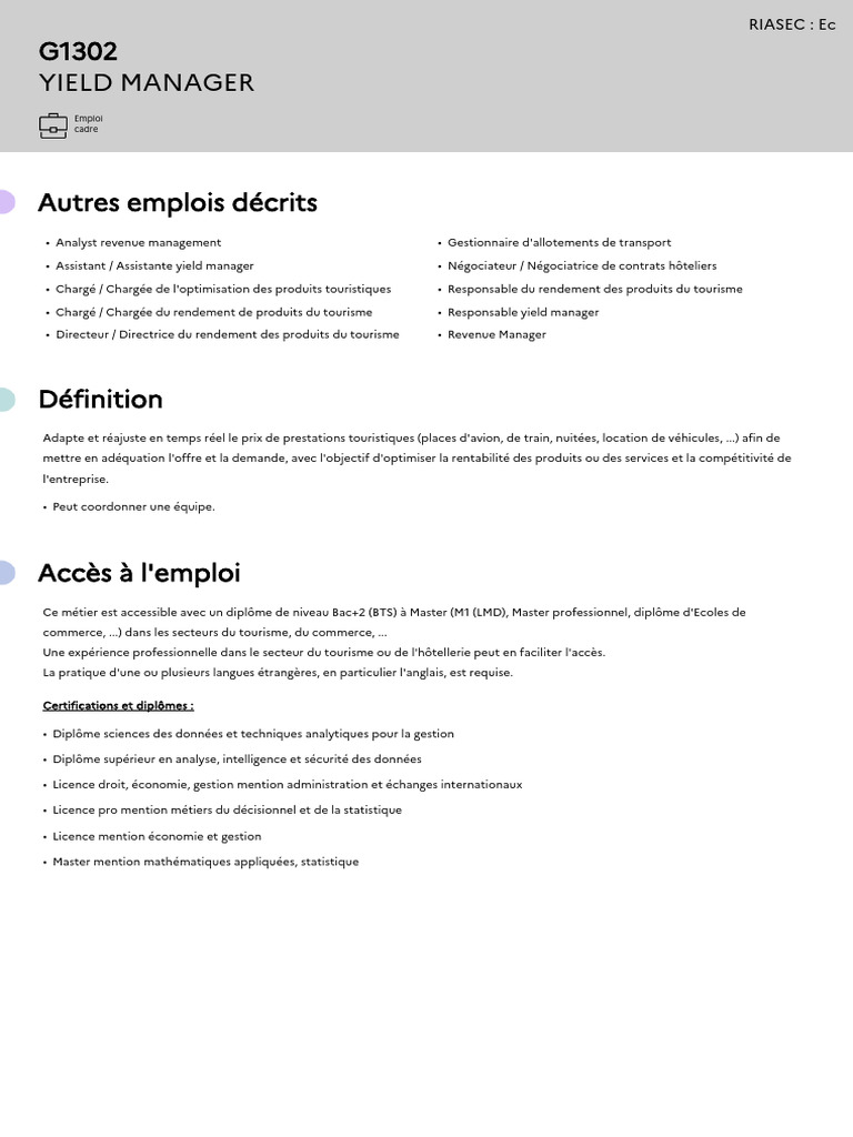 G1302 Yield Manager: Emploi Cadre | PDF