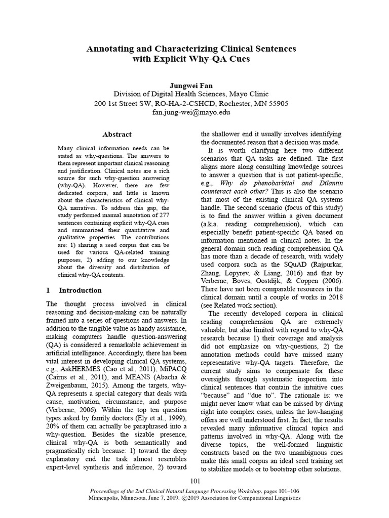 Annotating and Characterizing Clinical Sentences With Explicit Why-QA ...