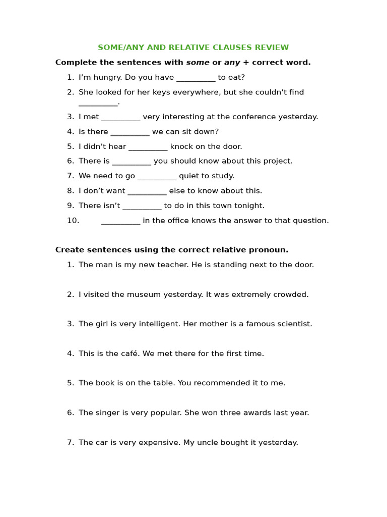 SOME Any and Relative Clauses Review | PDF