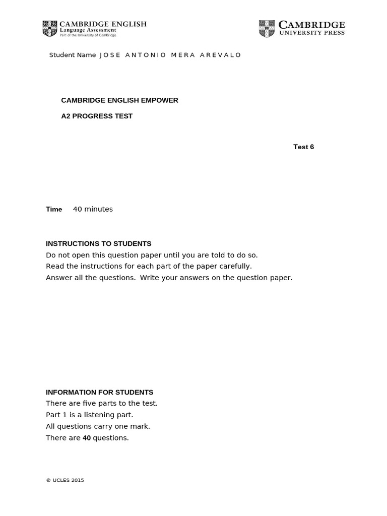 Cambridge English Empower A2 Progress Test: Studentname Jose Antonio ...