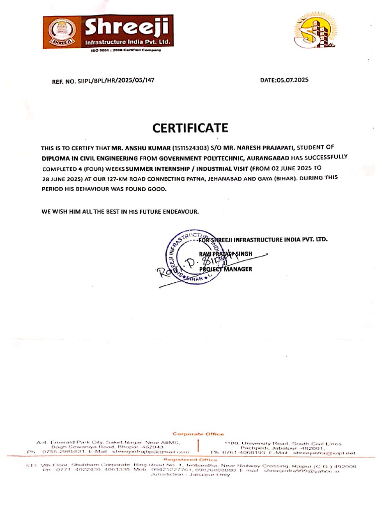Civil Internship Certificate Anshu KR | PDF