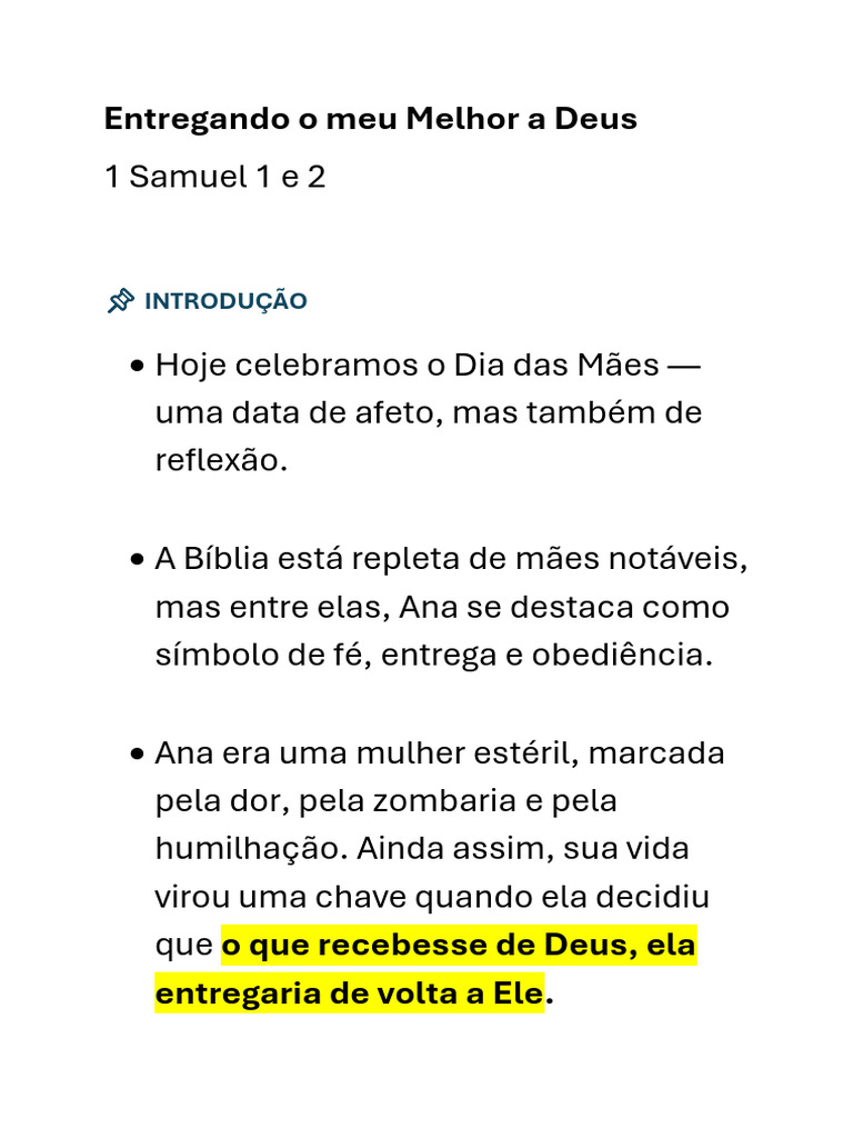 Sermão Dia Das Mães - Entregando o Meu Melhor A Deus | PDF