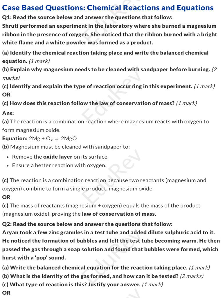 Case Based Questions - Chemical Reactions and Equations | PDF