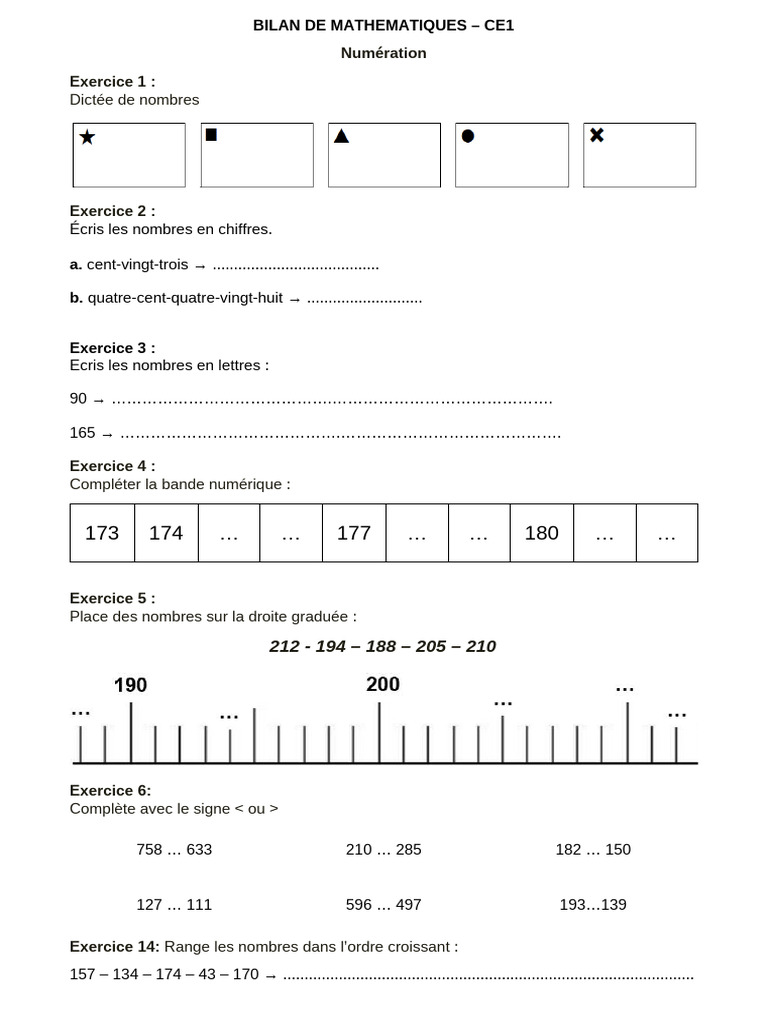 Bilan Maths CE1 Numération Calcul | PDF