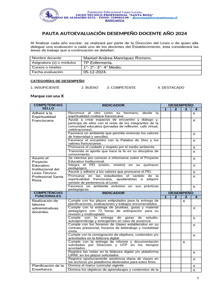Autoevaluación Desempeño Docente LTPSR 2024 | PDF | Enseñando | Aprendizaje