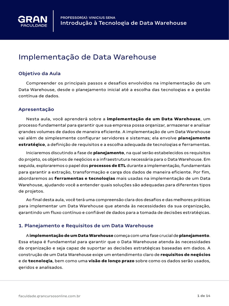 Apostila - Implementação de Data Warehouse | PDF