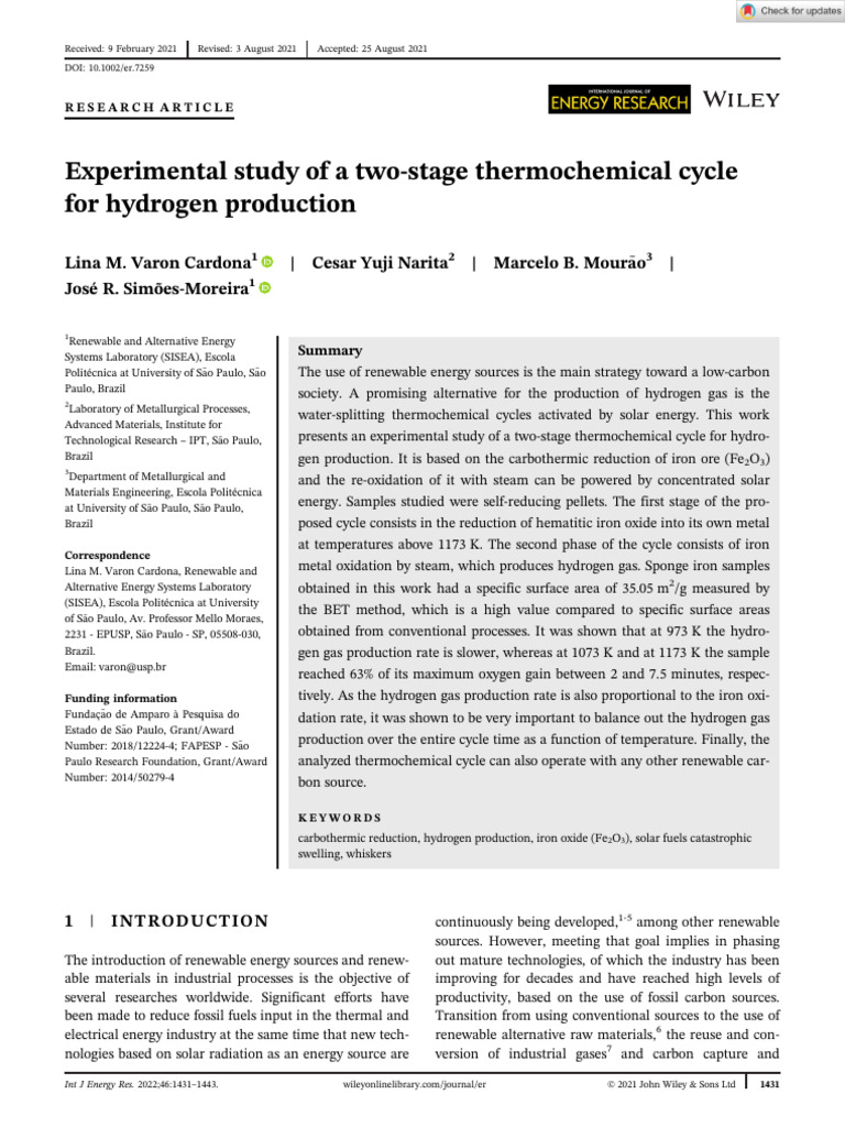Experimental Study of A Two Stage Thermochemical Cycle For Hydrogen ...