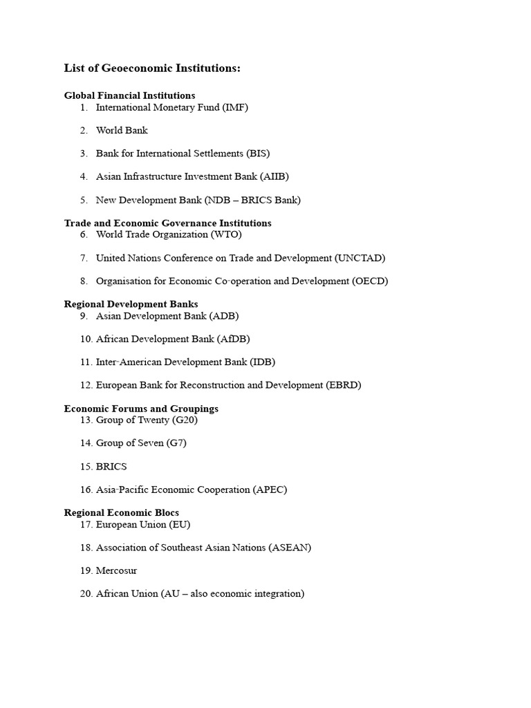 List of Geoeconomic Institutions | PDF