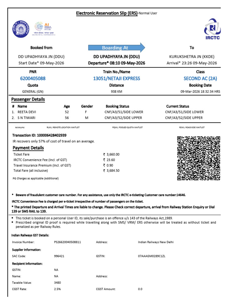 13051/netaji Express Second Ac (2A) | PDF