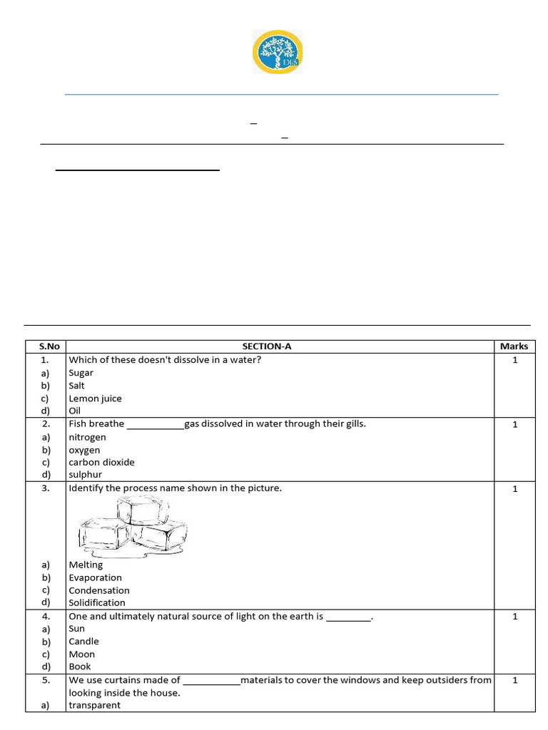 Class 4 Science Sample Paper | PDF | Force | Water