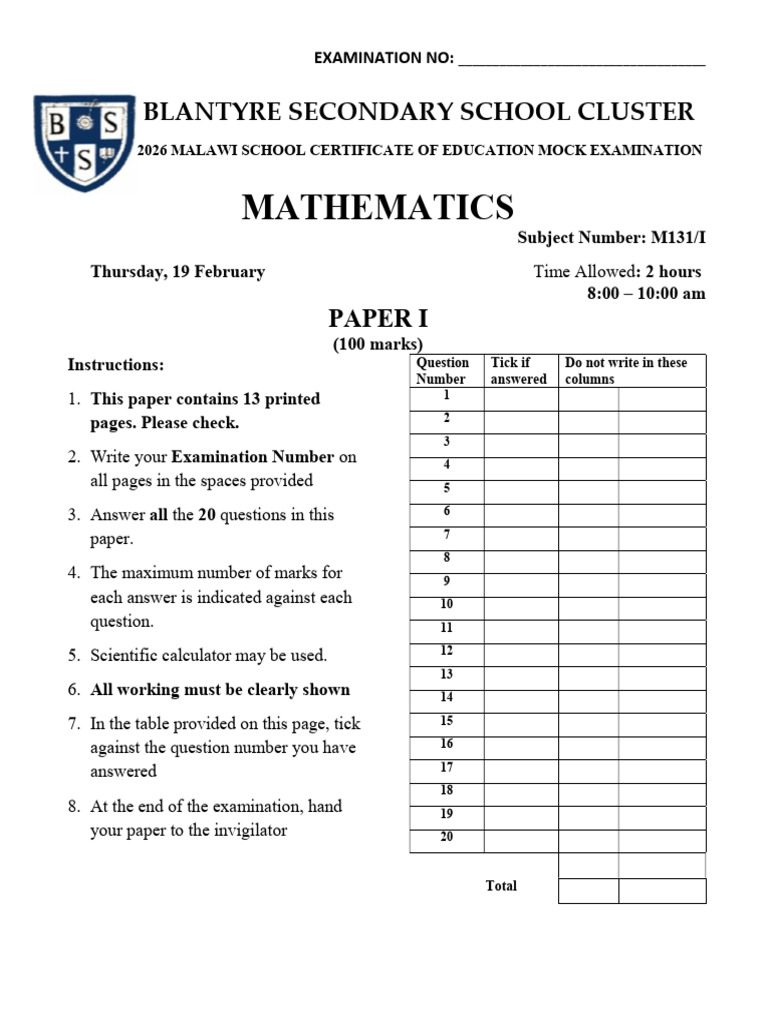 Mathematics Paper 1 - Bss 2026 Cluster Mock | PDF
