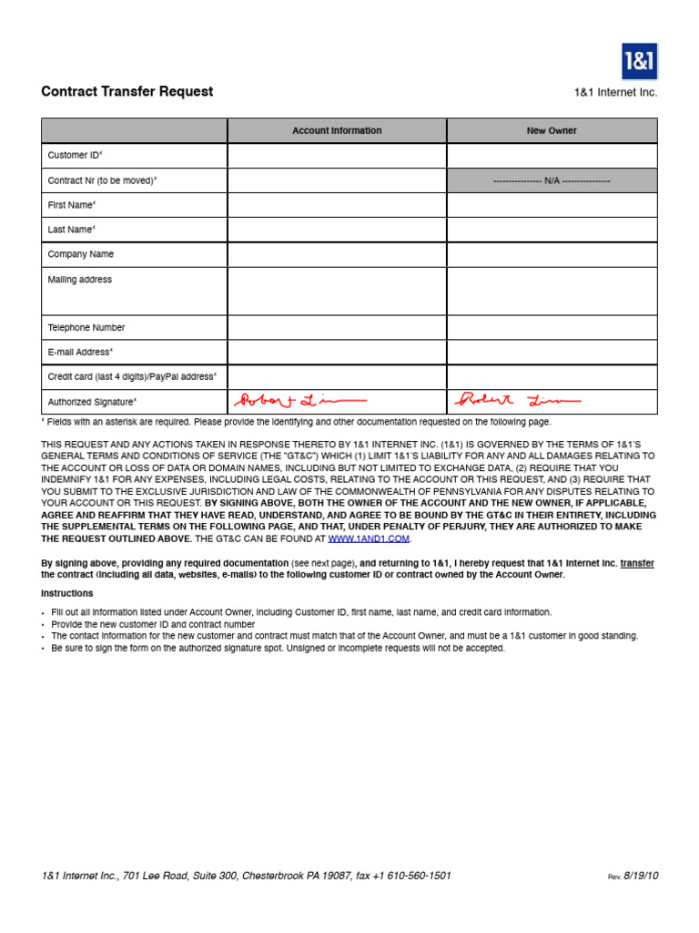 1and1 LIT Form Contract Transfer Request (Revised 8.19.10) | PDF ...