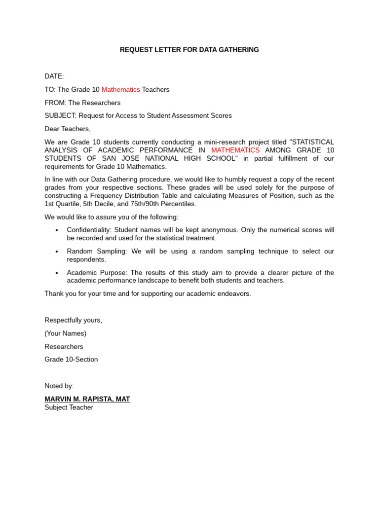 Request Letter For Data Gathering | PDF | Percentile | Statistics