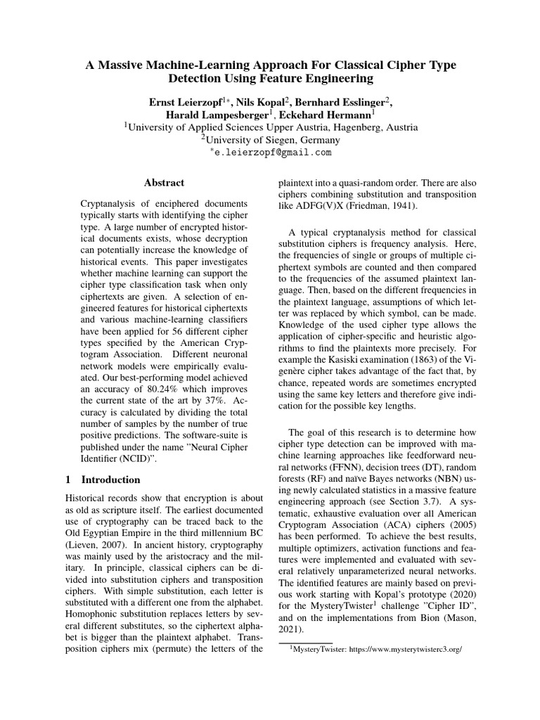 A Massive Machine-Learning Approach For Classical Cipher Type Detection ...