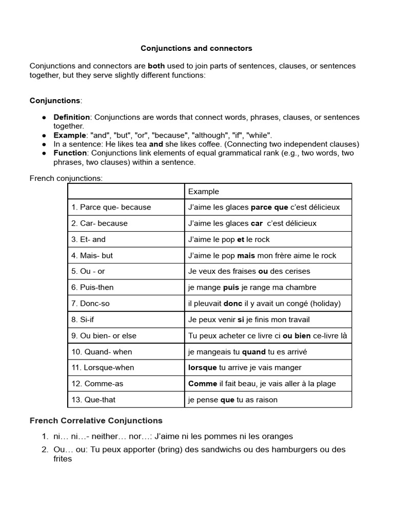 French Conjunctions and Connectors - Grade 9 | PDF