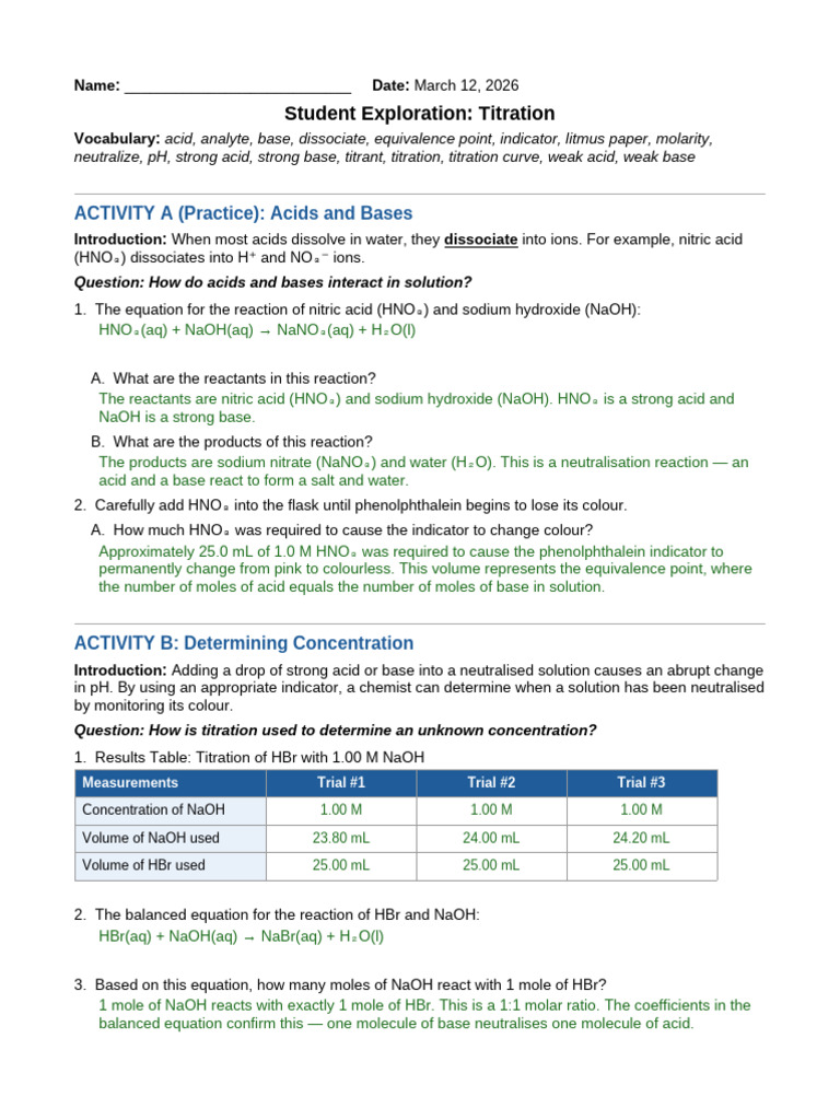Titration Completed Worksheet | PDF | Titration | Chemistry