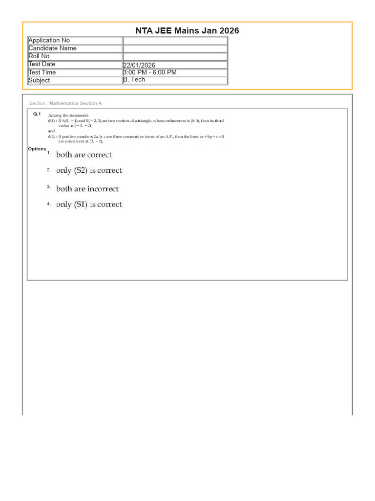 JEE Main 2026 22nd Jan Shift 2 Question Paper | PDF