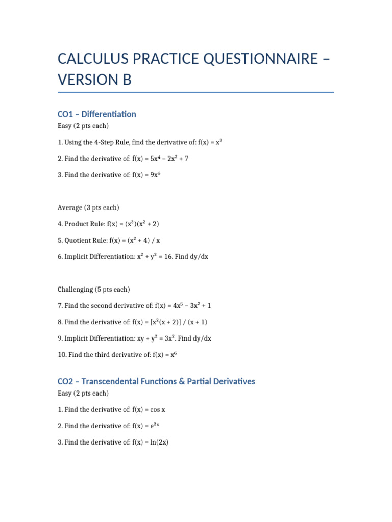 Calculus Questionnaire VersionB | PDF