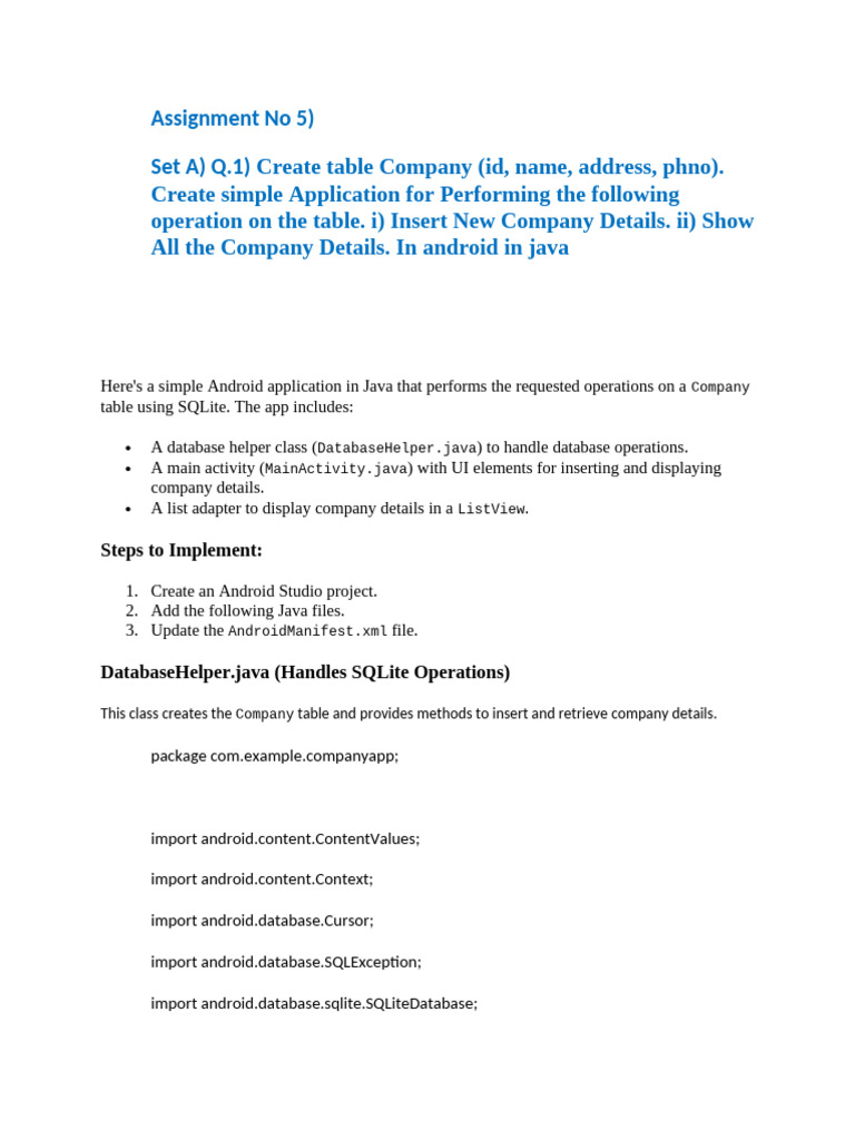 Lab Assignment No 5 Solutions | PDF | Android (Operating System) | Java ...