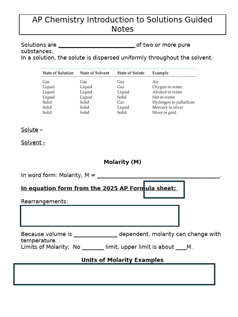 AP Chemistry Introduction To Solutions Guided Notes: Molarity (M) | PDF
