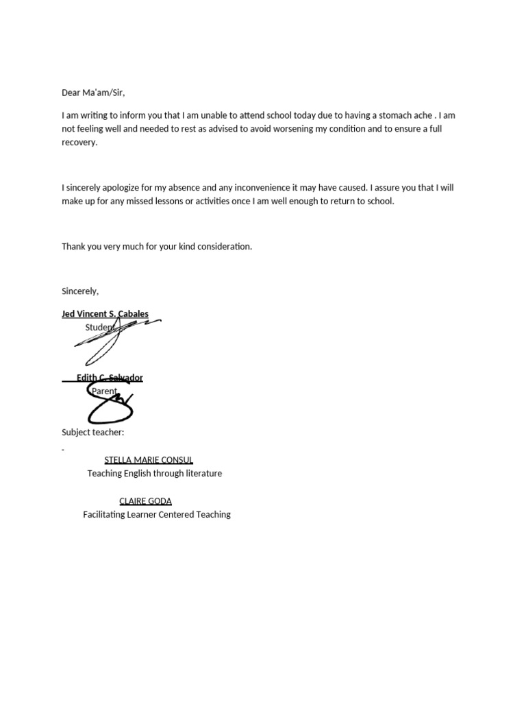 Excuse Letter Cabales Jed Vincent S. | PDF