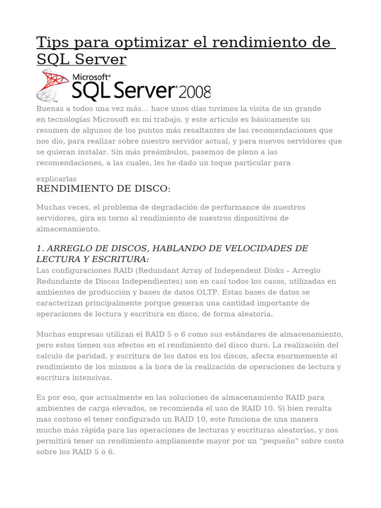 Tips para Optimizar El Rendimiento de SQL Server | PDF