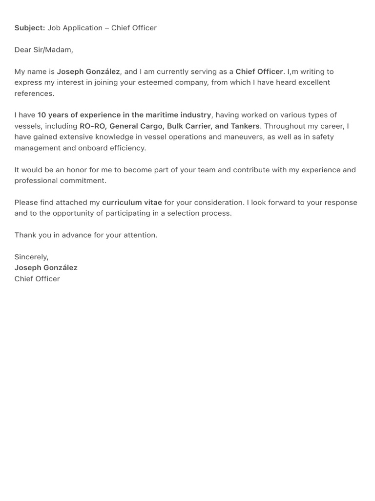 Subject - Job Application - Chief Officer | PDF