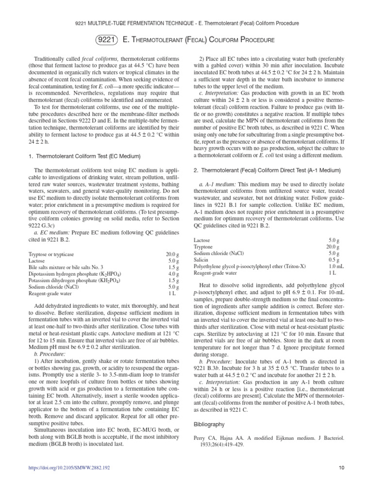 SMEWW Metodo 9221 Coliforme Termotolerante | PDF