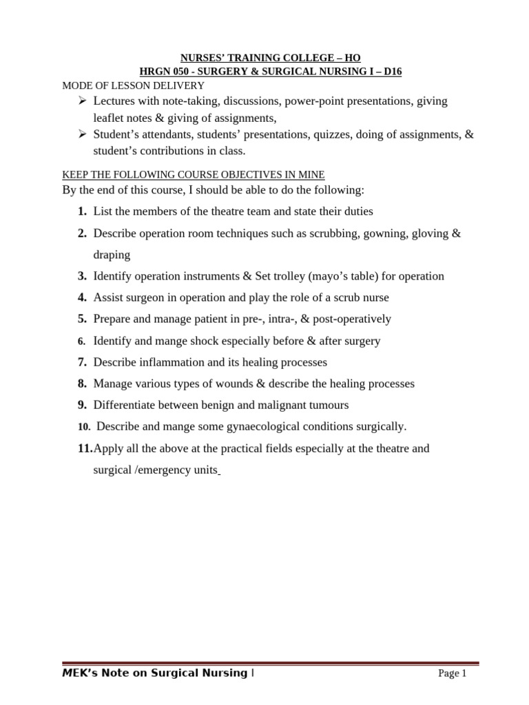 Surgery I (Lecture Notes) | PDF