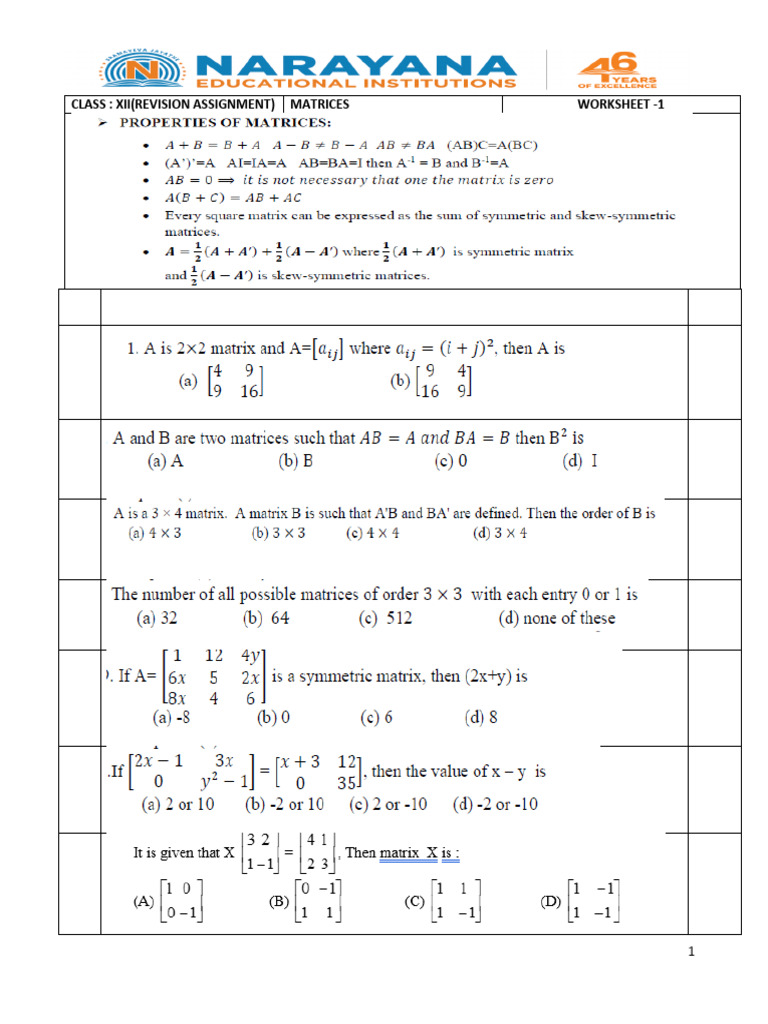 Matrices Worksheet - 1 | PDF