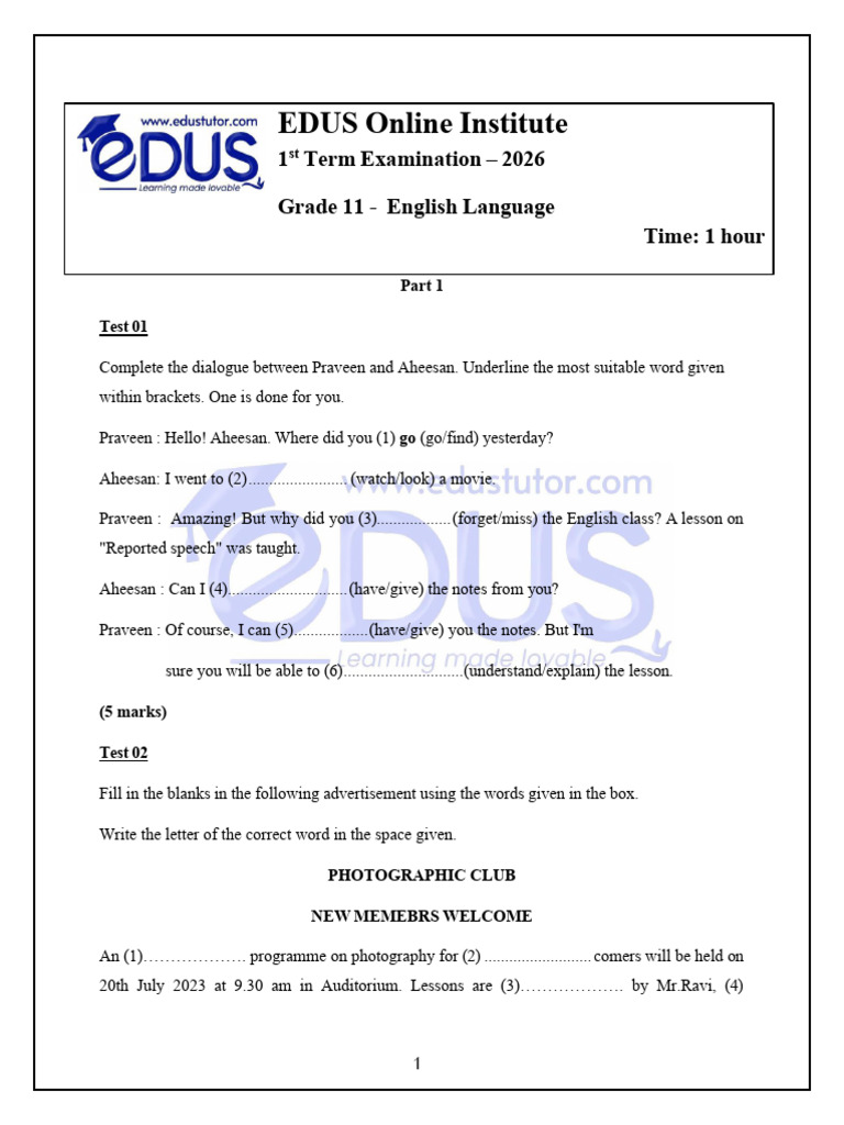 Grade 11 English Term 1 | PDF