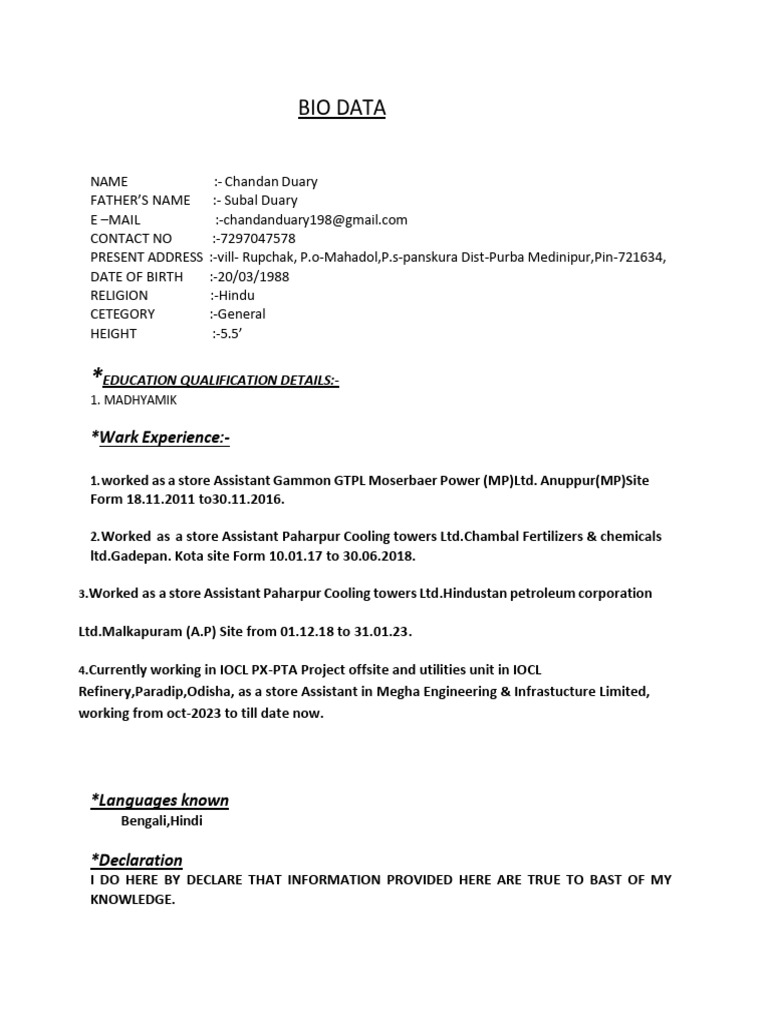 BIO DATA Chandan Duary | PDF