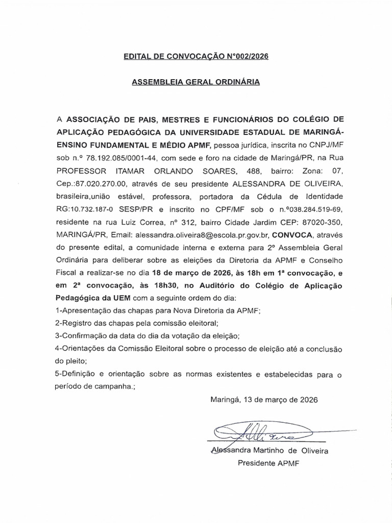 Assembleia Geral APMF | PDF