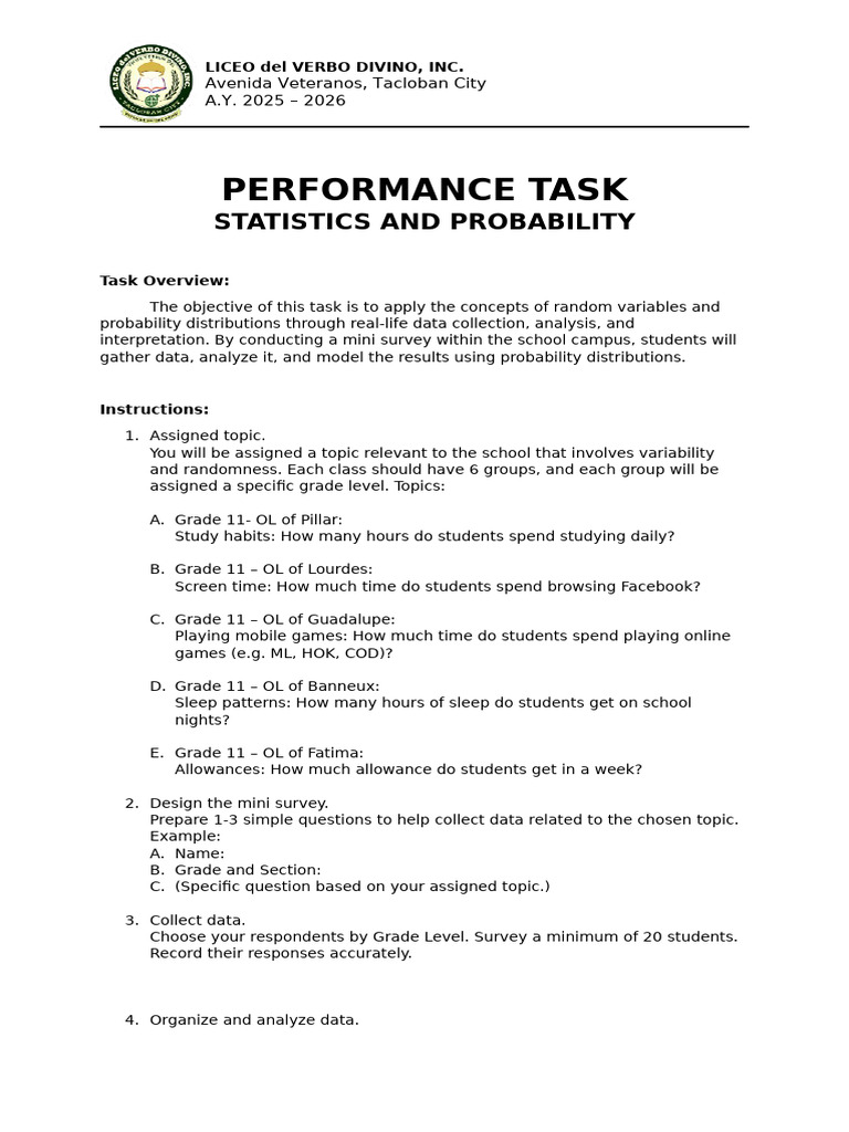 Stat and Prob Performance Task Midterm | PDF