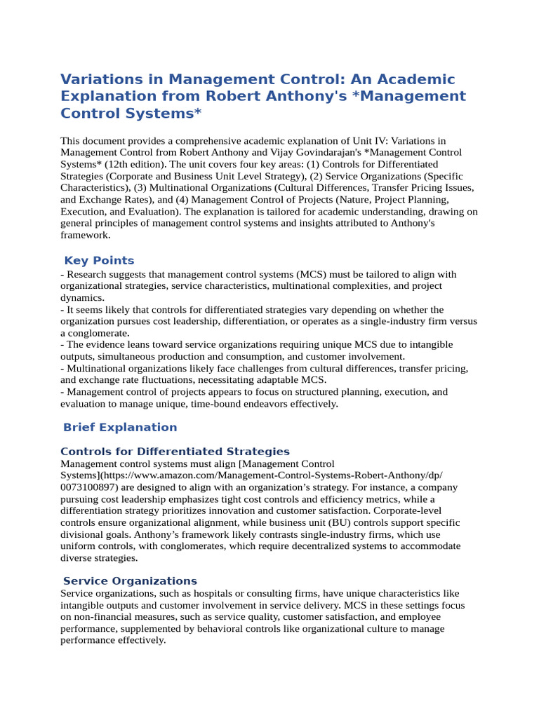 Variations in Management Control Explanation - Markdown | PDF