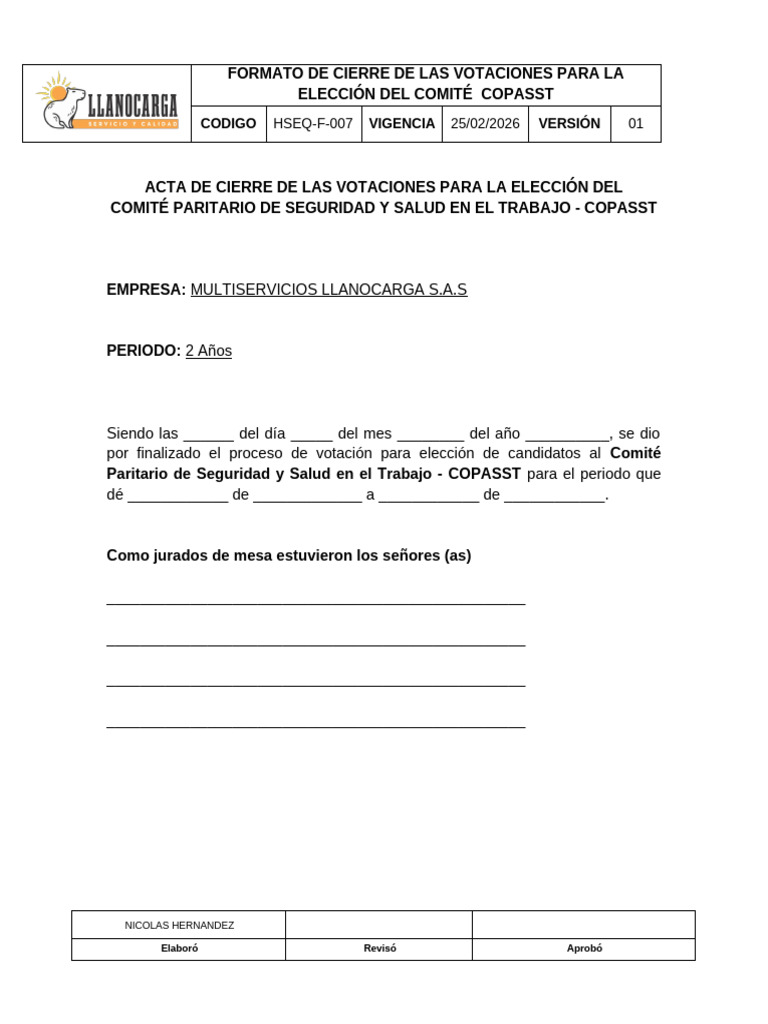 HSEQ-F-007 Formato de Cierre de Las Votaciones Elección Del COPASST | PDF