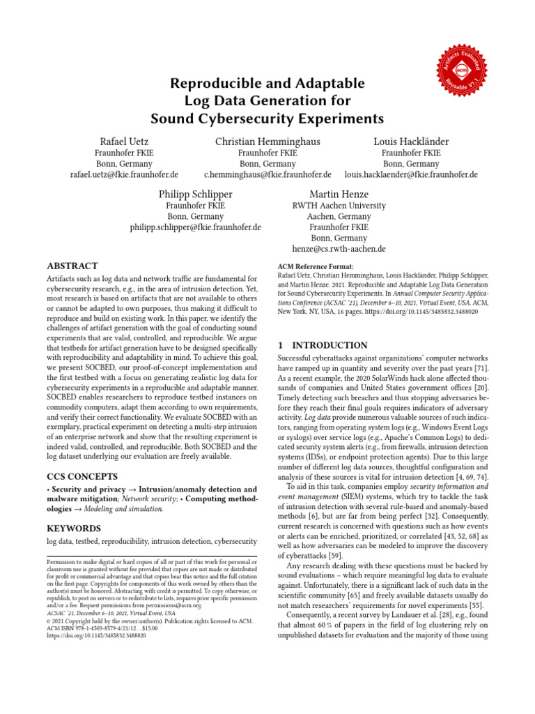 Reproducible and Adaptable Log Gen For Cybersecurity Experiments | PDF