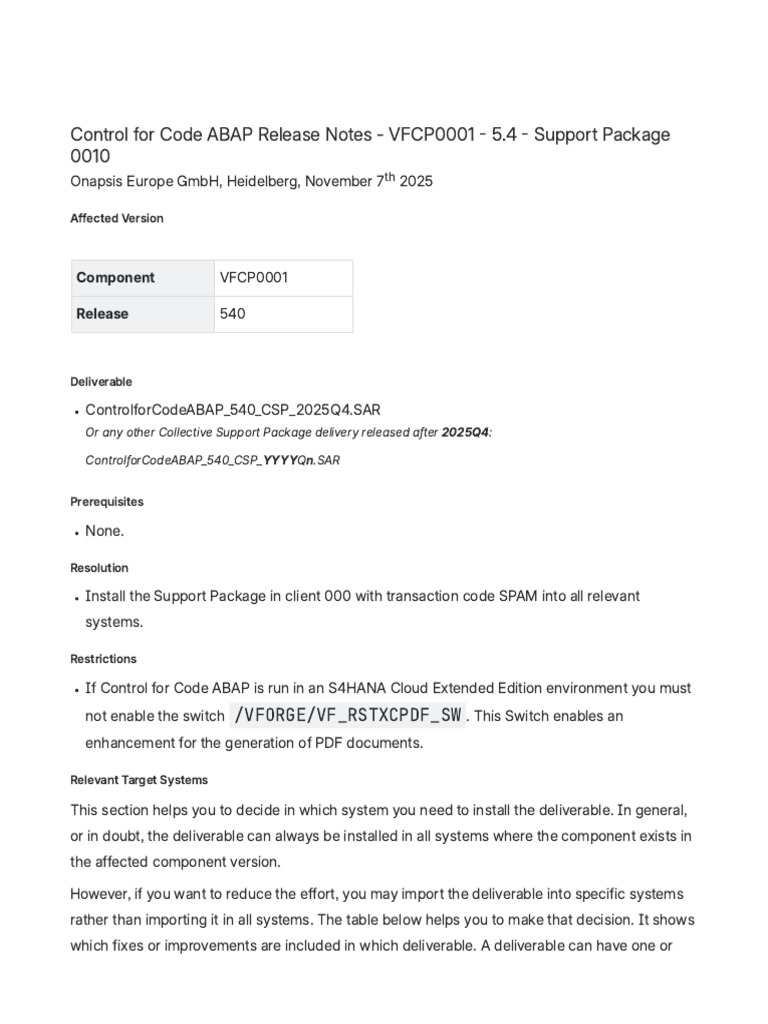VFCP0001 540 SP0010 Release Notes | PDF