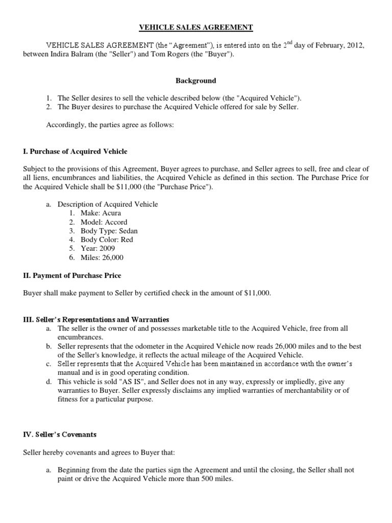 Vehicle Sales Agreement Example PDF Implied Warranty Sales