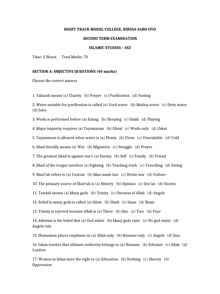 SS2 Islamic Studies Exam | PDF