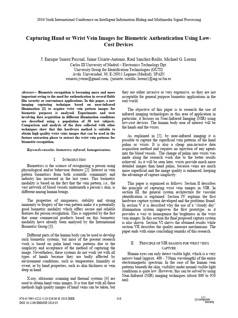Capturing Hand or Wrist Vein Images For Biometric Authentication Using ...